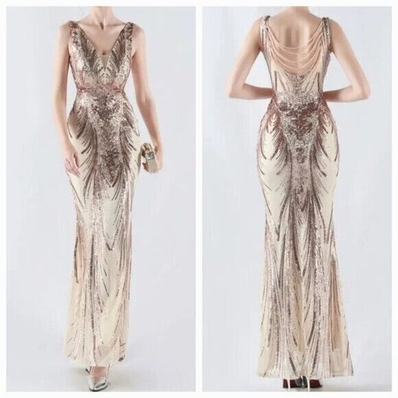 Gold, Double V, Beaded Back, Draped Skirt, Contrast Sequined Mermaid Gown - Picture 3 of 16